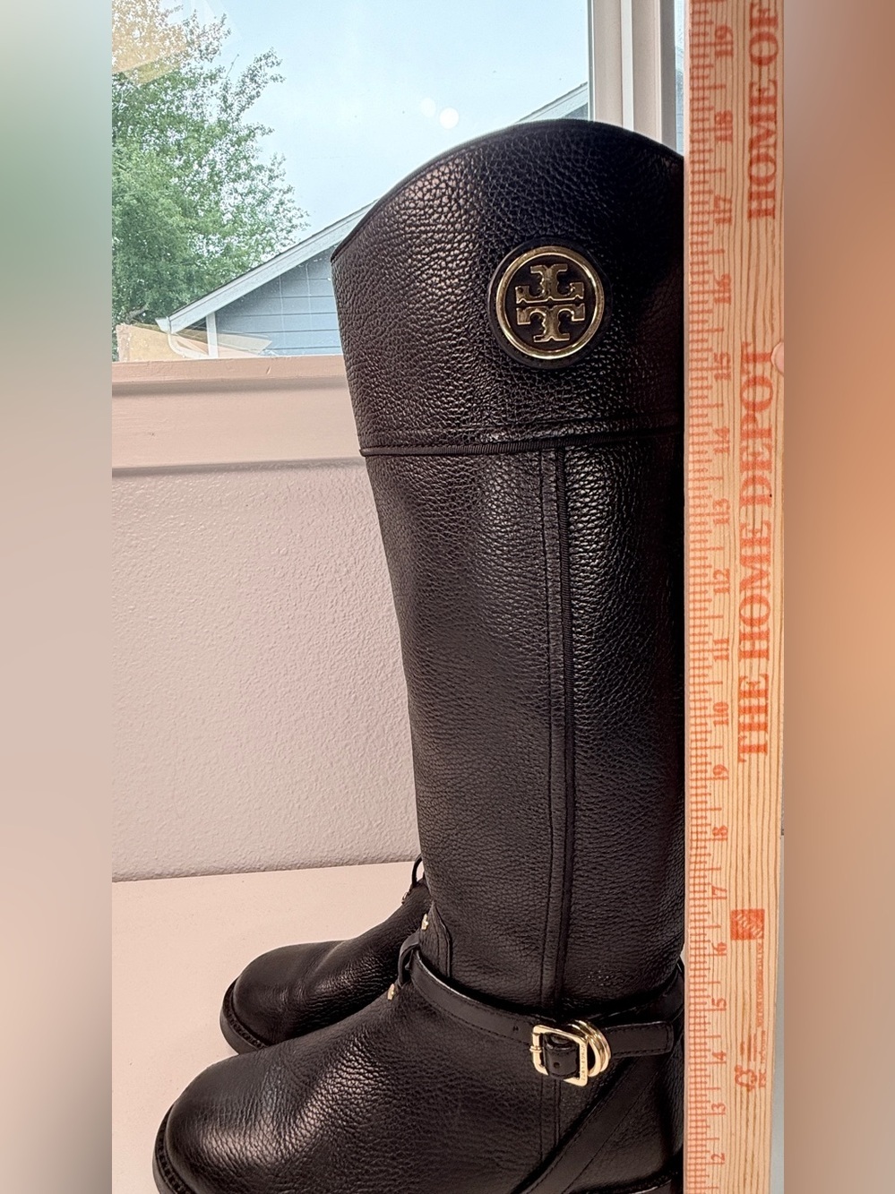 Tory Burch Tall black Pebbled Leather Riding Boots Gold Logo size  8 Boots - Picture 6 of 16